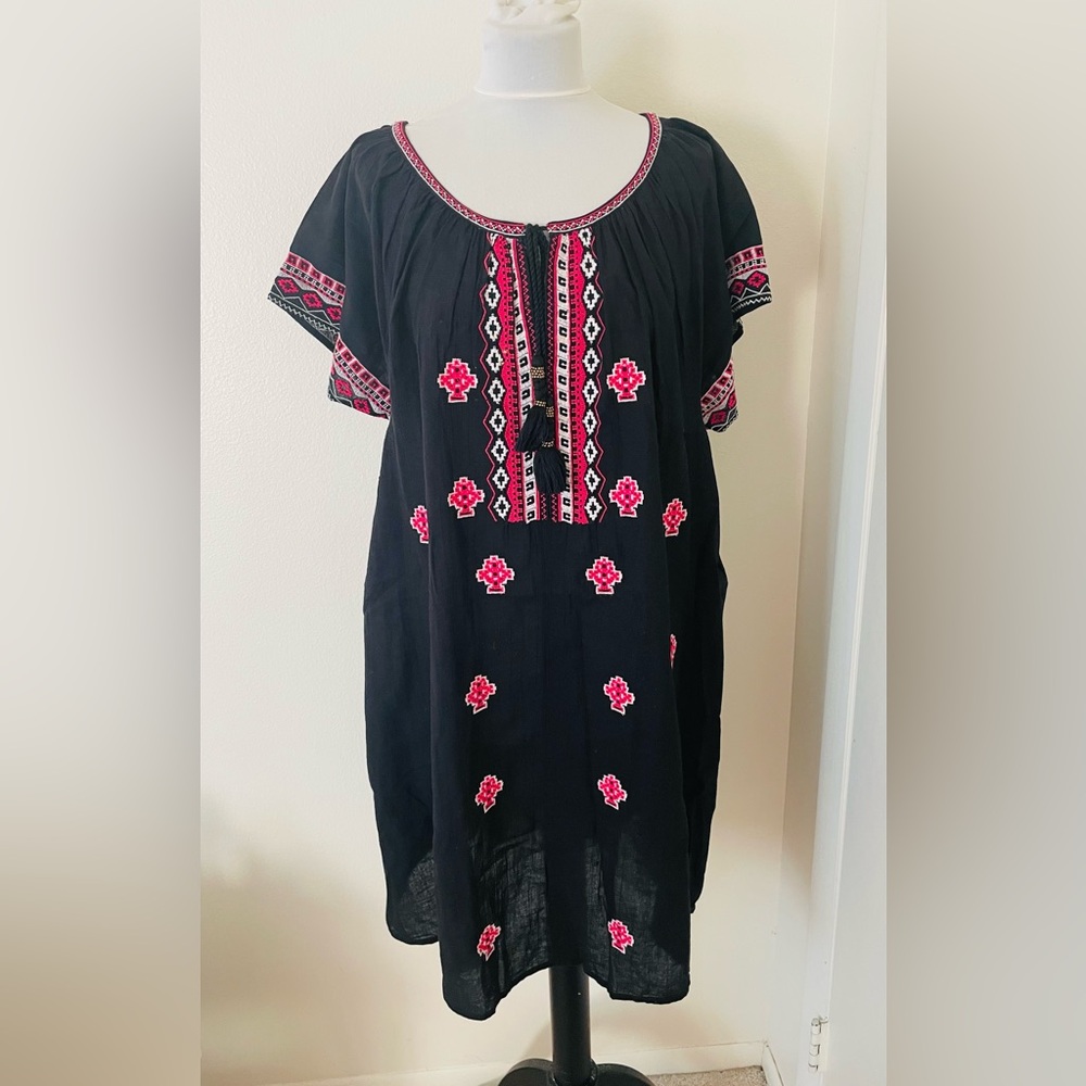 Ellos Women Shift Dress L Black Embroidered Tassel Gauze 100% Cotton Bohemian